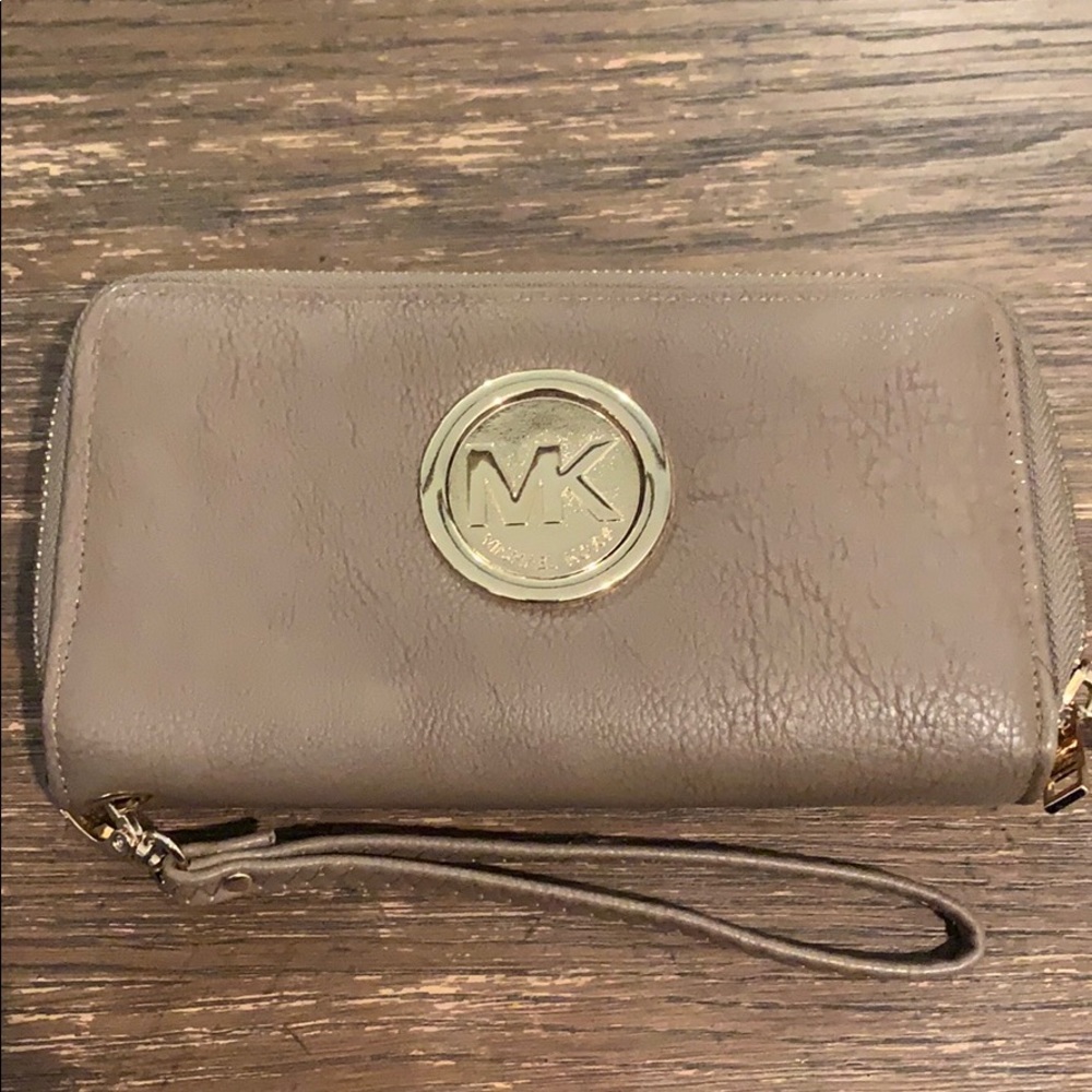 Gray/Tan faux Michael Kors wallet wristlet.